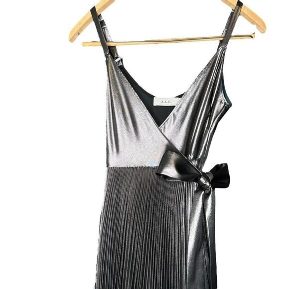 A.L.C. Metallic Silver Kristo Pleated Wrap Midi Dress 0 - Picture 4 of 11